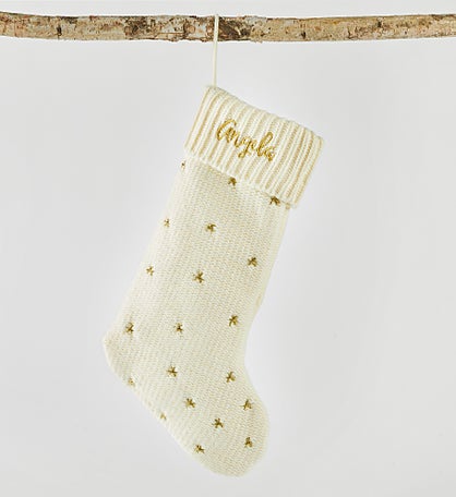 Kittenish Embroidered Cream and Gold Star Stocking