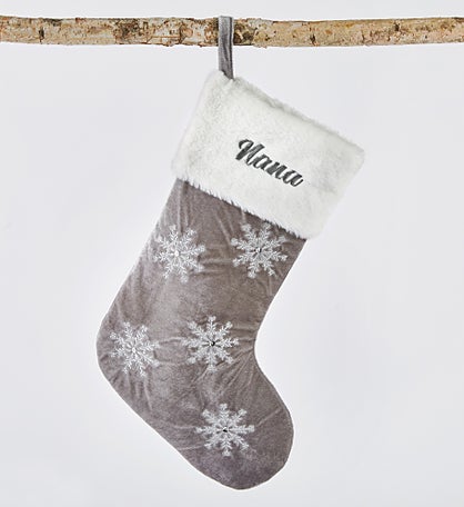 Embroidered Gray & Silver Snowflake Stocking with Fur Cuff