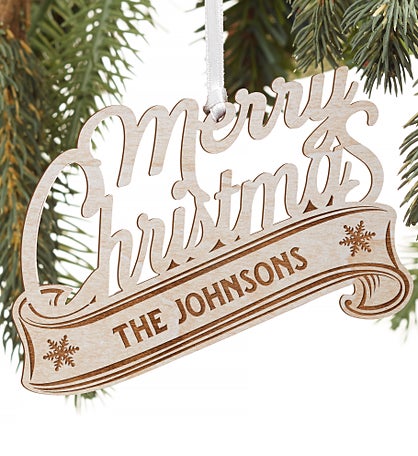 Kittenish Engraved Wood Merry Christmas Ornament