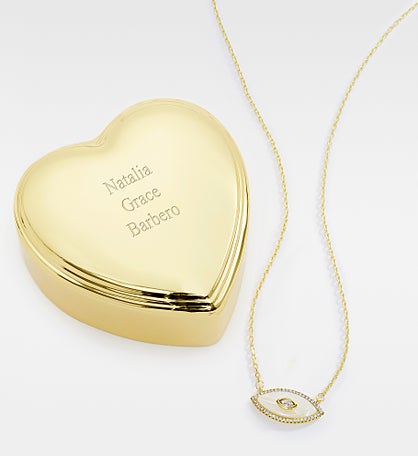 Kittenish Engraved Heart Box and Evil Eye Necklace Set