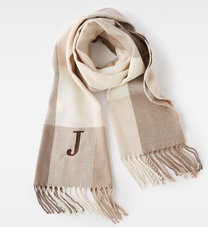Kittenish Embroidered Soft Fringe Scarf in Neutral Plaid