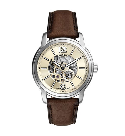 Engraved Fossil Heritage Skeleton Dark Brown Leather Watch