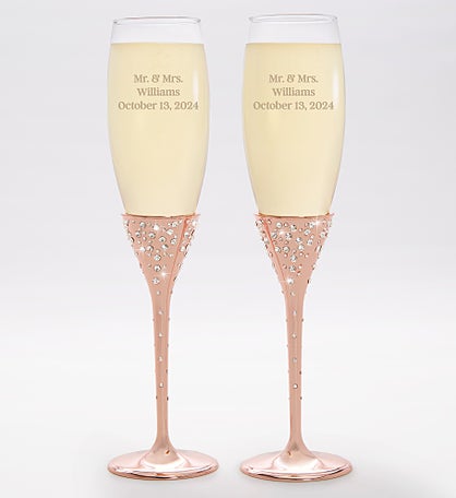Kittenish Etched Rose Gold Wedding Champagne Flute Set