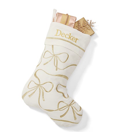Kittenish Embroidered Bows & Ribbons Stocking in White/Gold