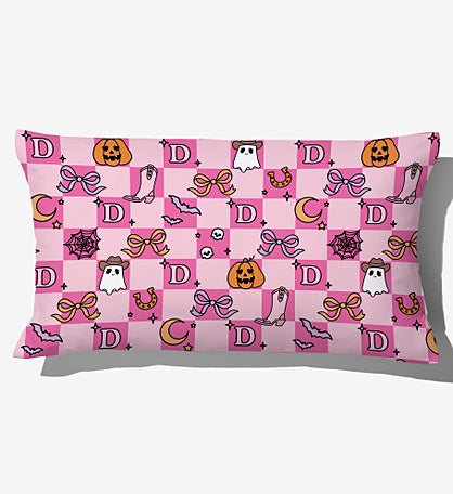 Kittenish Personalized Pinkoween Checked Lumbar Velvet Pillow