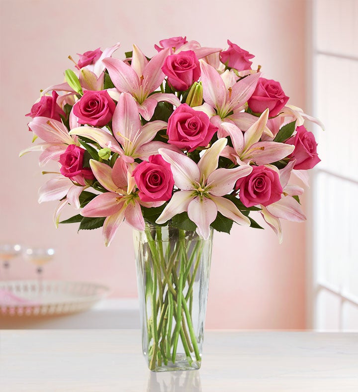 Magnificent Pink Rose & Lily Bouquet + Free Vase