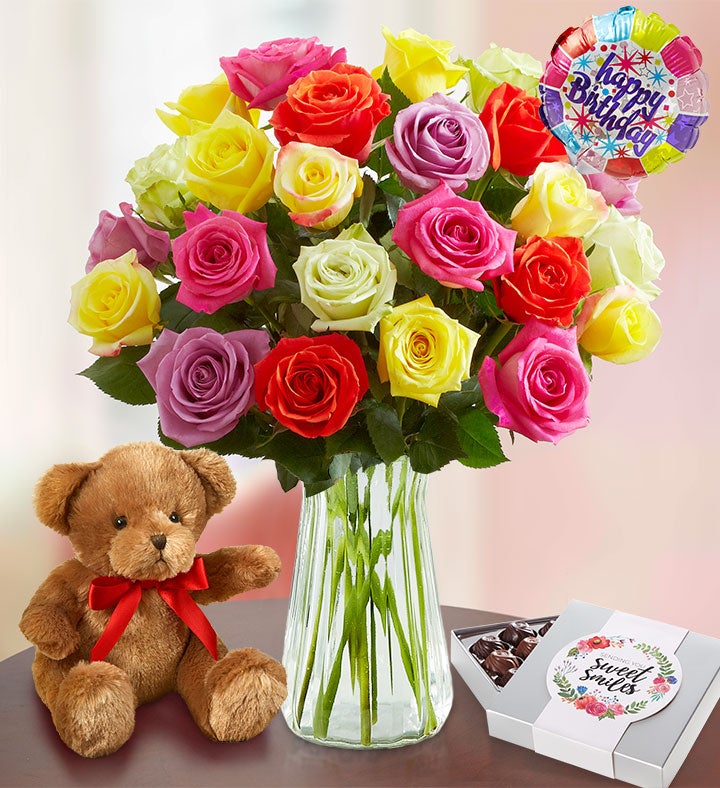 Happy Birthday Assorted Roses, 12-24 Stems