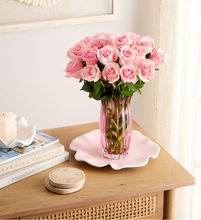Two Dozen Pink Roses + Free Vase