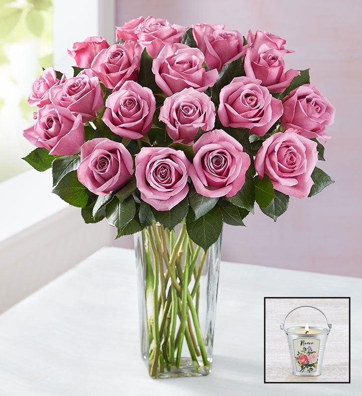 Passion for Purple Roses With Candle: Save 30%