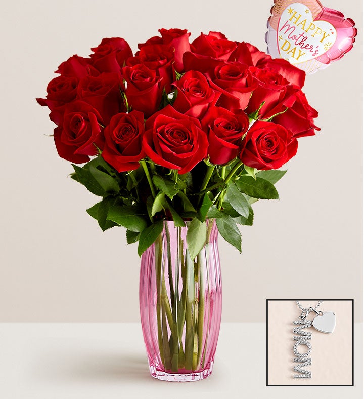 Red Roses with Mom Necklace