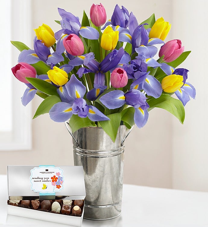 Fanciful Tulip and Iris Bouquet + Free  Vase