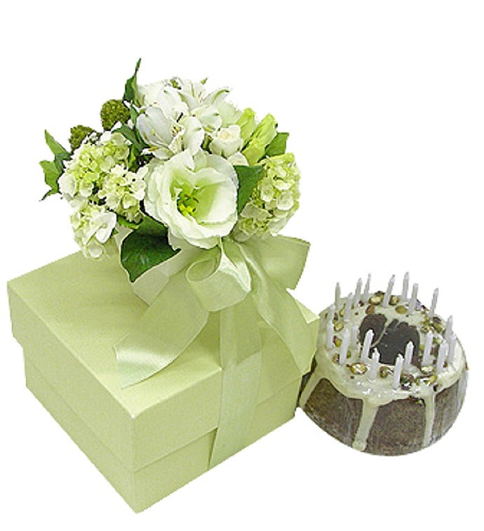 Birthday Cake and White Flowers