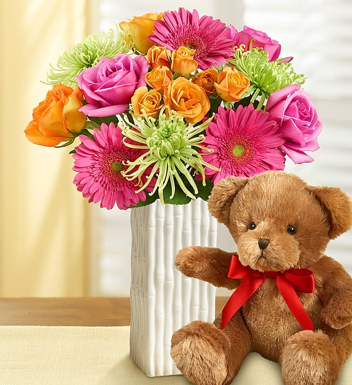 Vibrant Blooms Bouquet with Bear