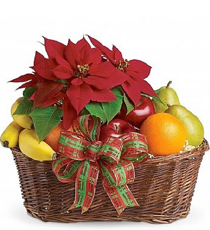 Red Poinsettia And Delicious Fruit Basket