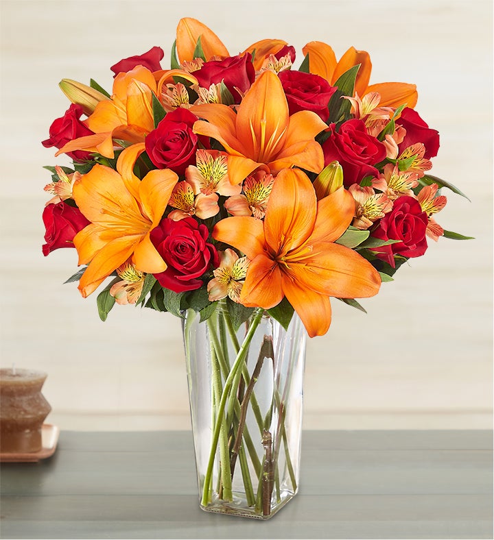 Elegant Autumn Rose & Lily Bouquet + Free Vase