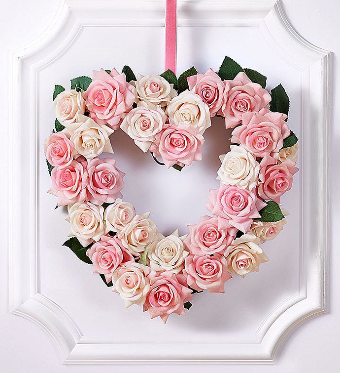 Keepsake Pink Rose Heart Shaped Wreath – 12”