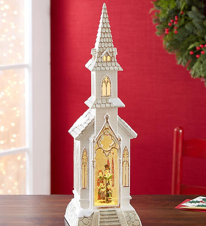 Lighted Church With Swirling Glitter