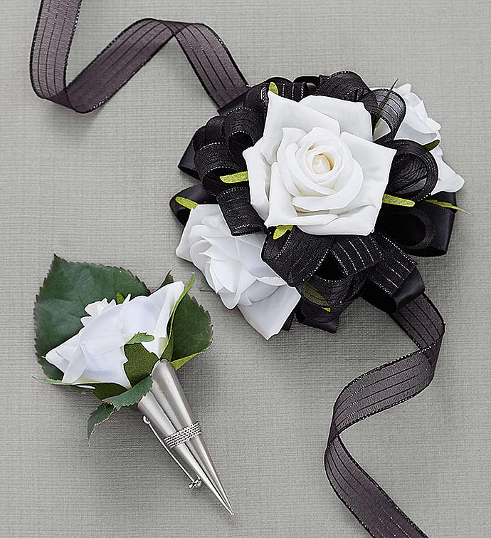 Keepsake White & Black Corsage And Boutonniere from