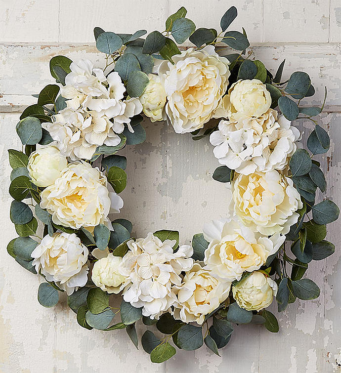 Peaceful White Peony & Hydrangea Wreath 24"