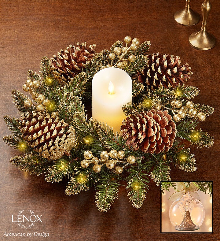 Glittery Gold Pine Centerpiece with LED candle