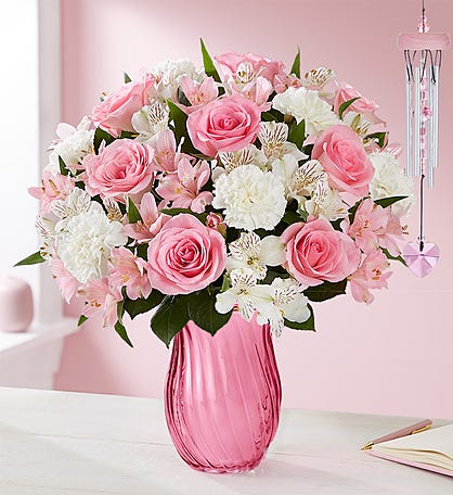 Conversation Roses Happy Birthday 24 Stems with Pink Vase by 1-800 Flowers