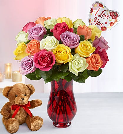 Happy Birthday Assorted Roses, 24 Stems with Bear, Balloon and Chocolate in  Brooklyn, NY