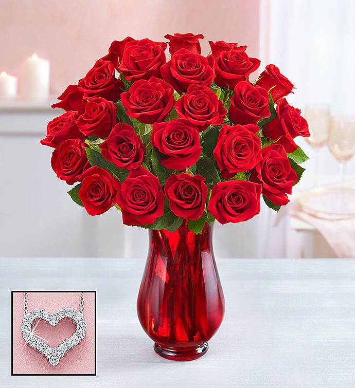 Romantic Red Roses with Heart Necklace