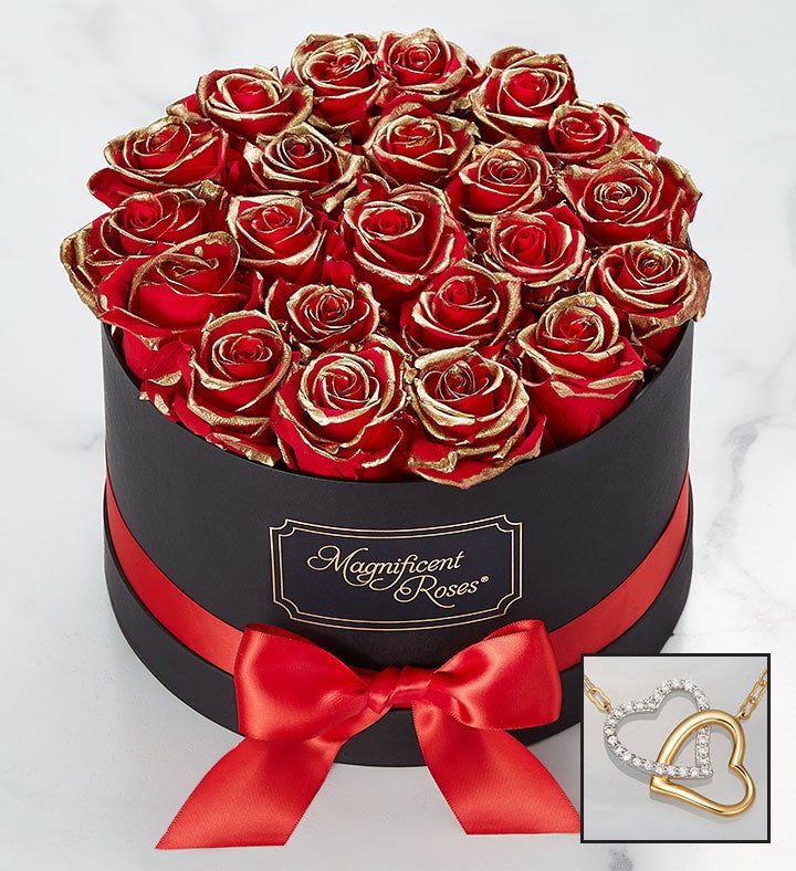 Magnificent Roses®Preserved Gold Kissed Red Roses and Necklace