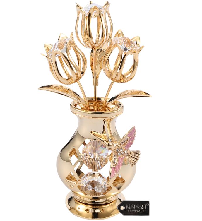 Gold Plated Flowers in Vase with Hummingbird