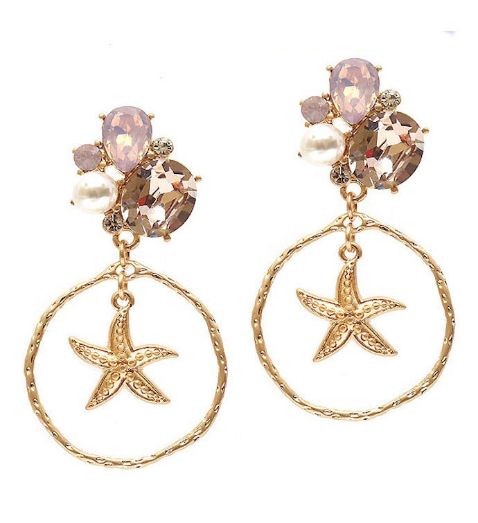 Gold Multi Stone Pink Crystal Mix Starfish Earring