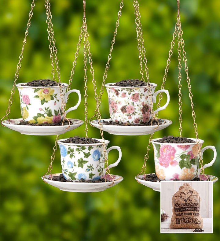 Tea Cup and Saucer Hanging Bird Feeder Set of 4