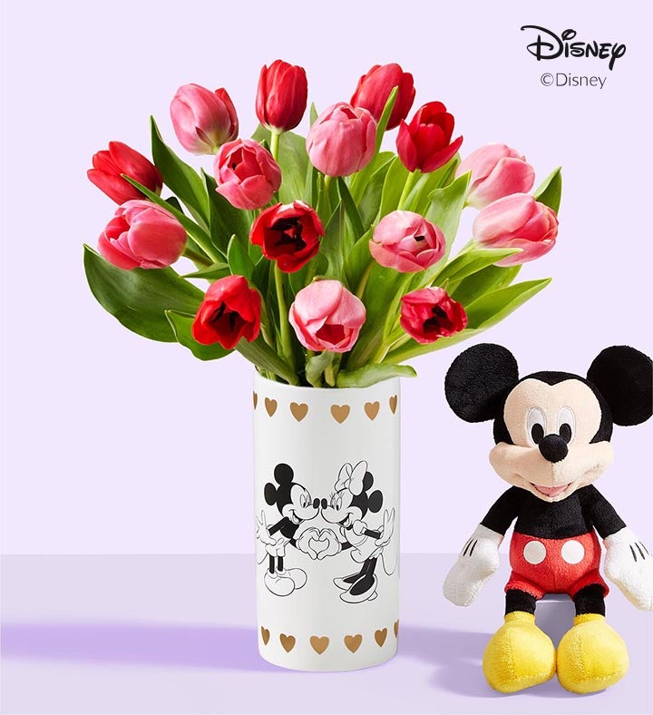 Disney Mickey Mouse & Minnie Mouse in Love Vase With Sweetest Love Tulips