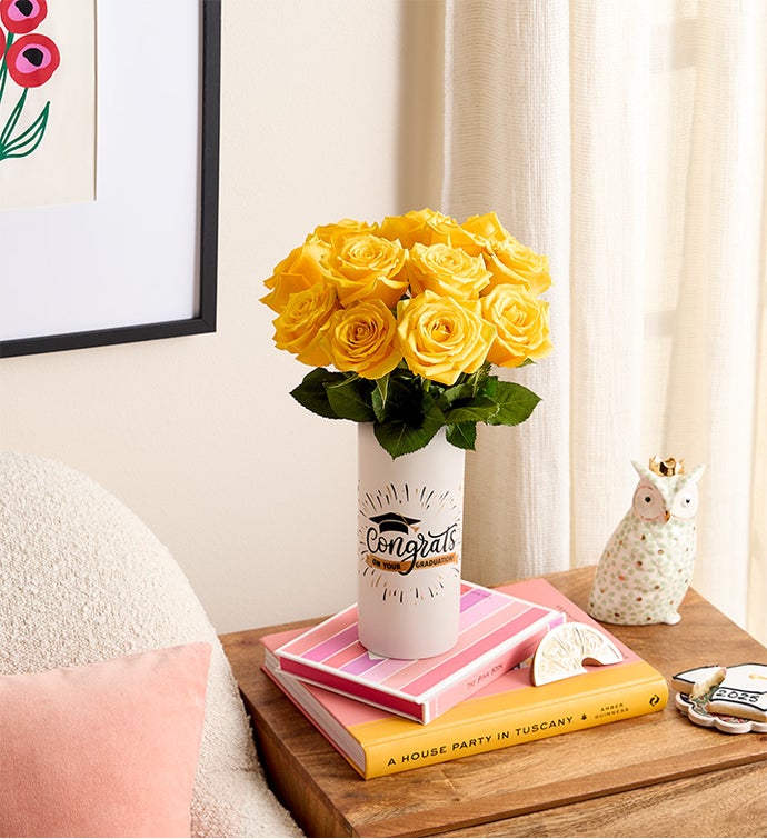 Yellow Roses with Con-grad-ulations Vase