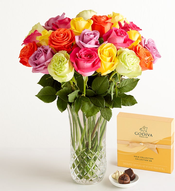 Two Dozen Assorted Roses with Luxury Posh™ Vase