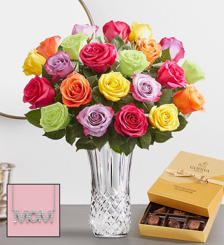 Two Dozen Assorted Roses with Luxury Posh™ Vase