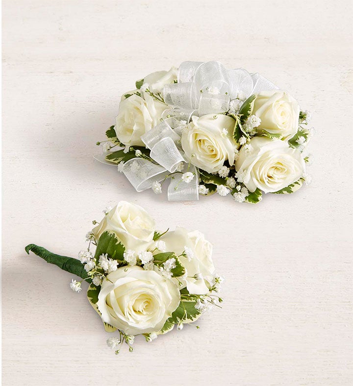 White Spray Rose Corsage and Boutonniere