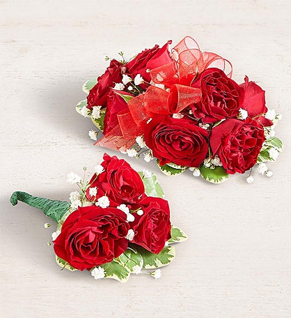 Red Spray Rose Corsage and Boutonniere