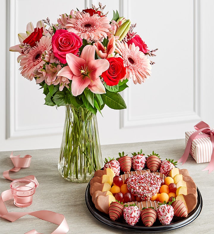 Fields of Europe® Romance Bouquet with All Hearts Dipped Fruit Platter