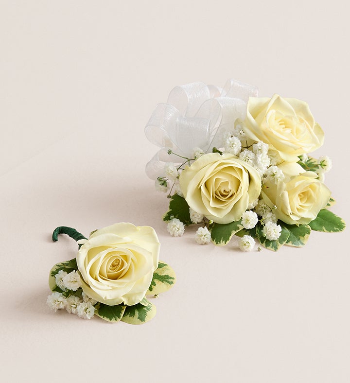 White Spray Rose Corsage & Boutonniere