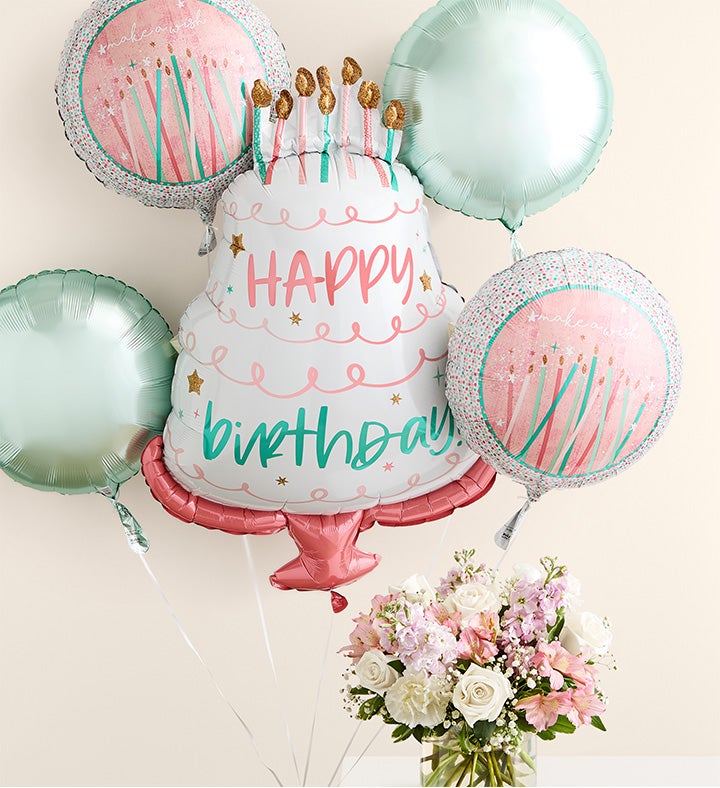 Elegant Blush™ Bouquet with Happy Birthday Balloon Bouquet