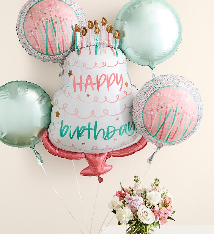 Elegant Blush™ Bouquet with Happy Birthday Balloon Bouquet