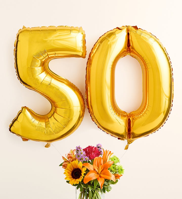 Floral Embrace™ with Number 50 Balloons