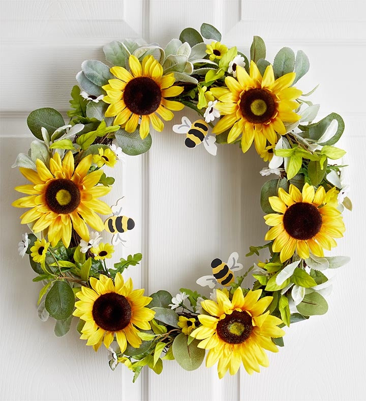 Bee Happy Sunflower Wreath - 22”