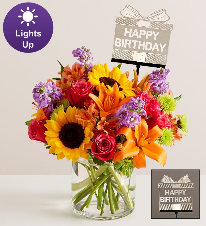 Floral Embrace™ with Happy Birthday LED Pick | 1800Flowers.com Floral Embrace™ with Happy Birthday LED Pick | 1800Flowers.com