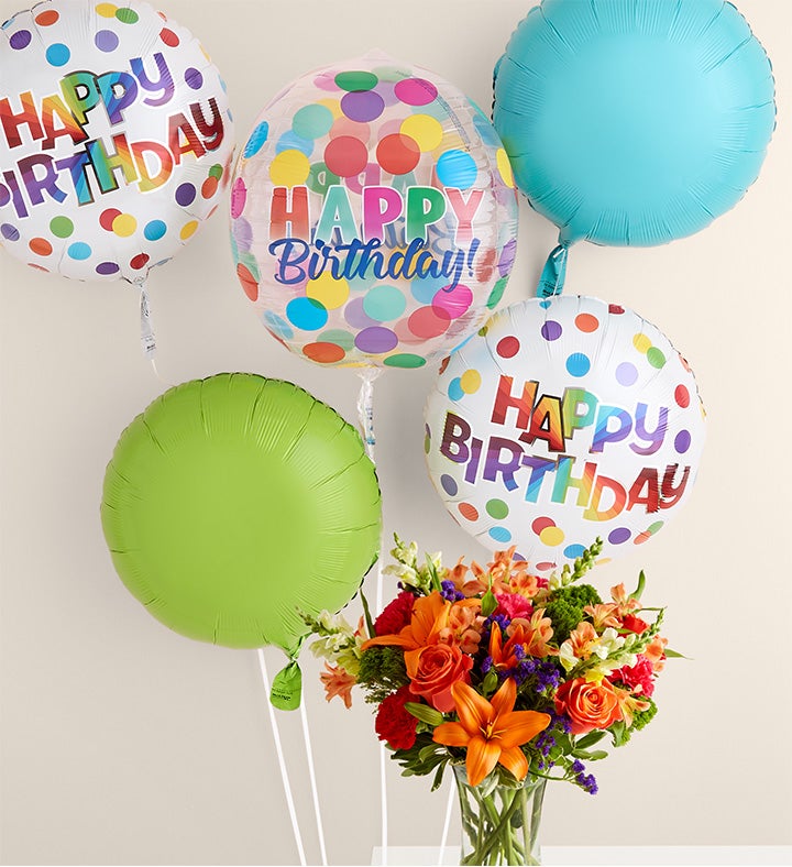 Vibrant Floral Medley™ with Happy Birthday Orbz Balloon Arrangement