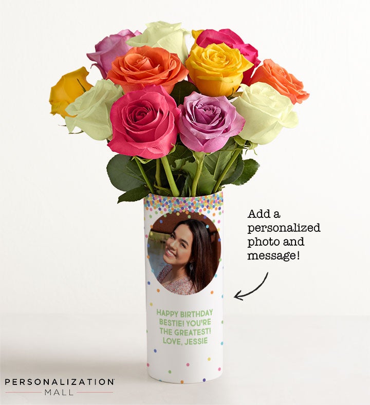 Birthday Confetti Bouquet with Personalized Photo Vase