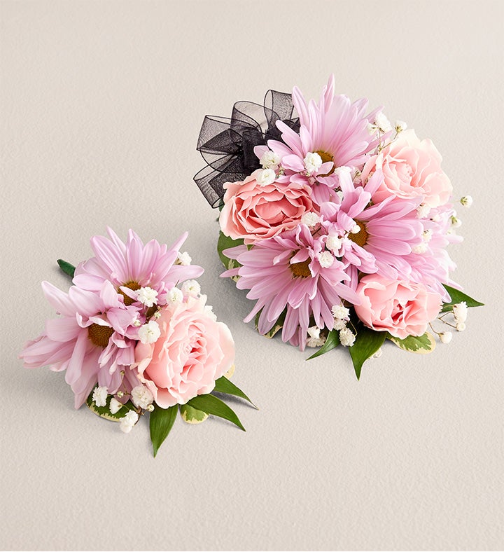 Lavender Dasiy & Pink Spray Corsage and Boutonniere