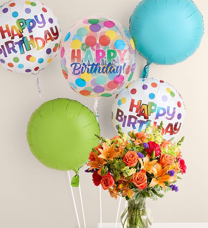 Vibrant Floral Medley™ with Happy Birthday Orbz Balloon Arrangement