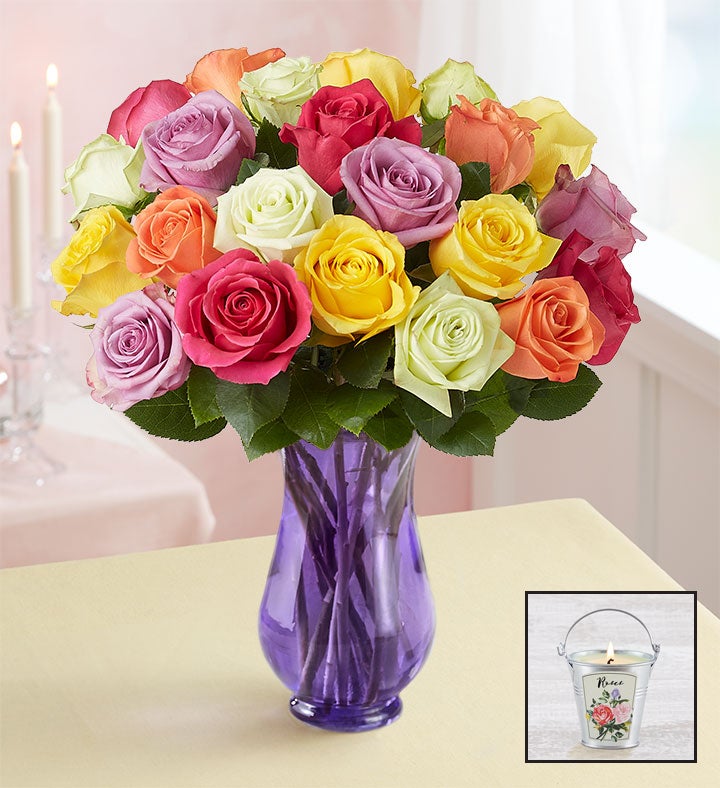 Two Dozen Assorted Roses With Candle: Save 30%