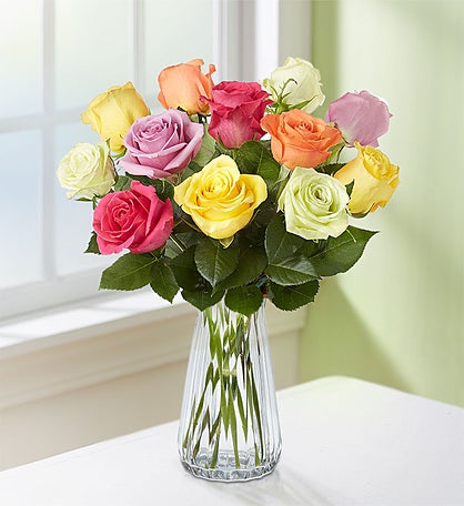 One Dozen Assorted Roses + Free Vase
